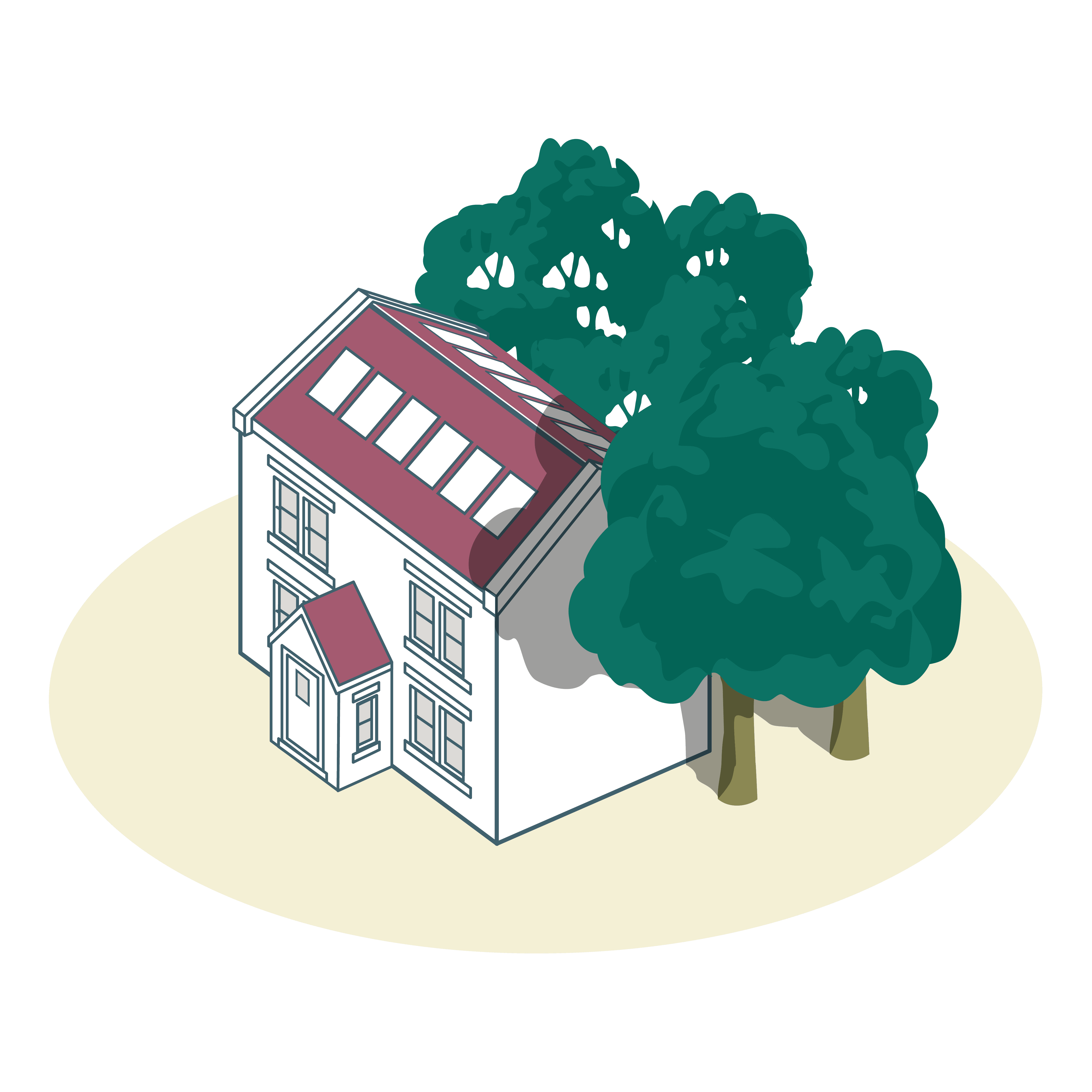 A cartoon house with trees behind it