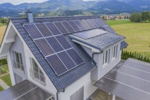 Solar panels on the roof of a farm building