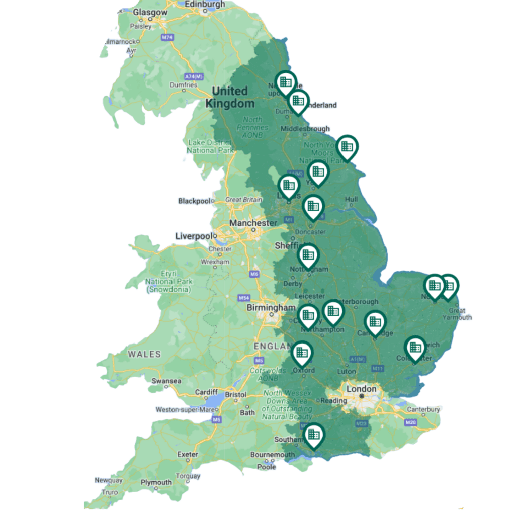 A map of the UK showing all the Green Building Renewables offices