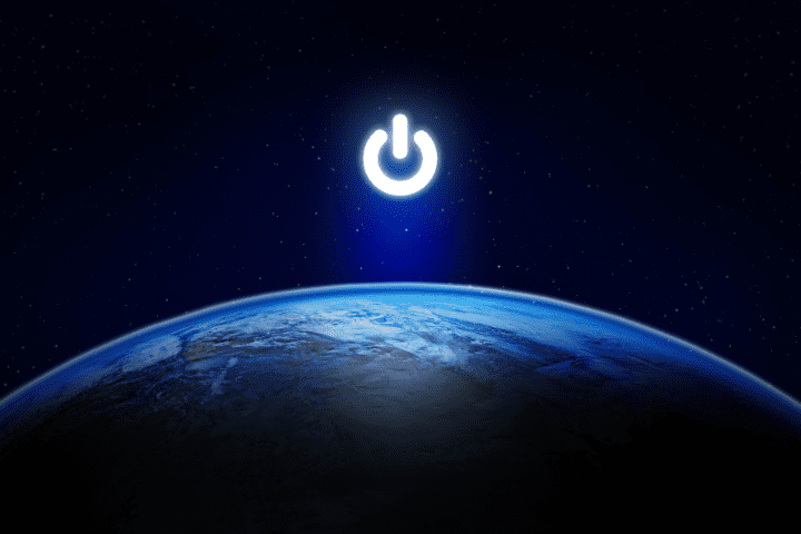 An image depicting the Earth from outer space with a power button hovering over. showcasing the Earth Hour climate crisis initiative.