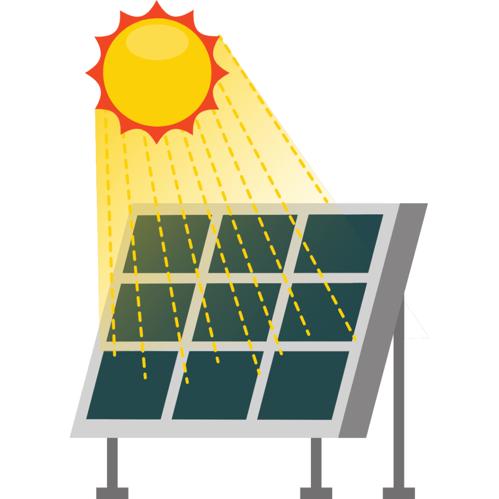 Sun rays onto a solar panel graphic.
